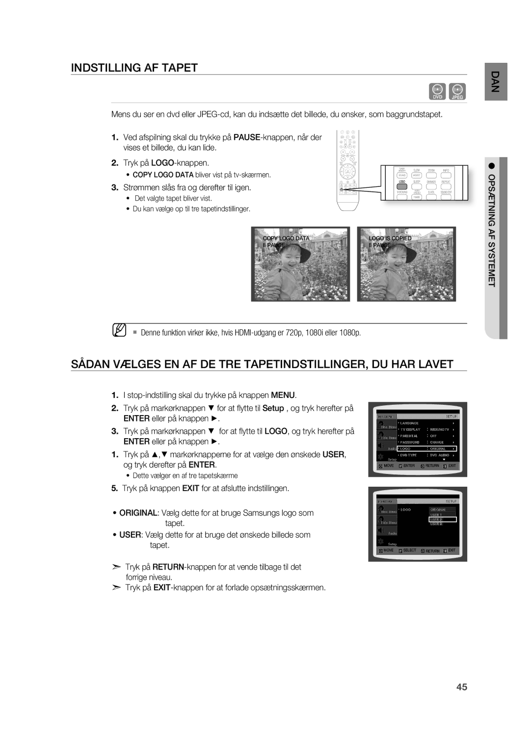 Samsung HT-X810R/XEE manual Indstilling AF TApET, Sådan VæLGES EN AF DE TRE TApETINDSTILLINGER, DU HAR Lavet 