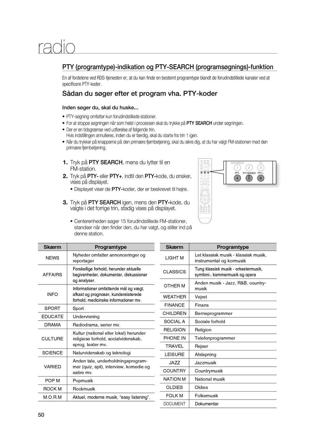 Samsung HT-X810R/XEE manual Sådan du søger efter et program vha. pTY-koder, Skærm Programtype 