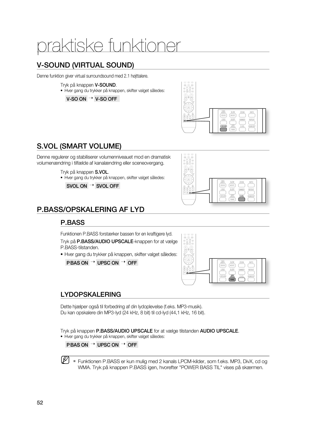 Samsung HT-X810R/XEE manual Sound Virtual Sound, VOL Smart Volume, BASS/OpSKALERING AF LYD, Bass, LYDOpSKALERING 