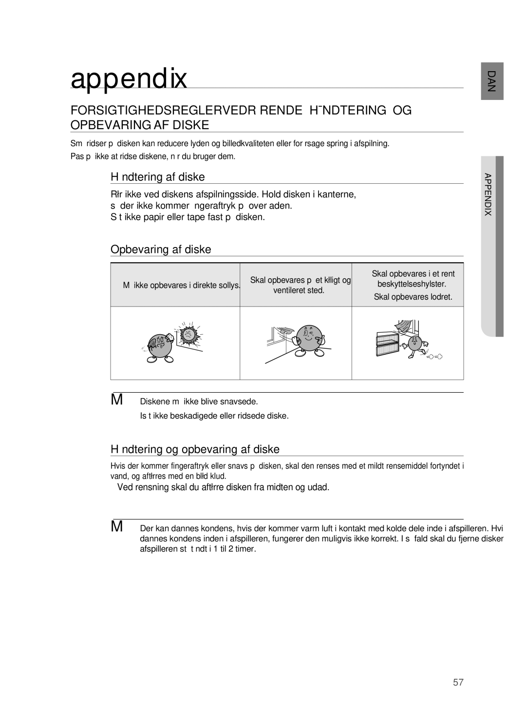 Samsung HT-X810R/XEE manual Appendix, Håndtering af diske, Opbevaring af diske, Håndtering og opbevaring af diske 