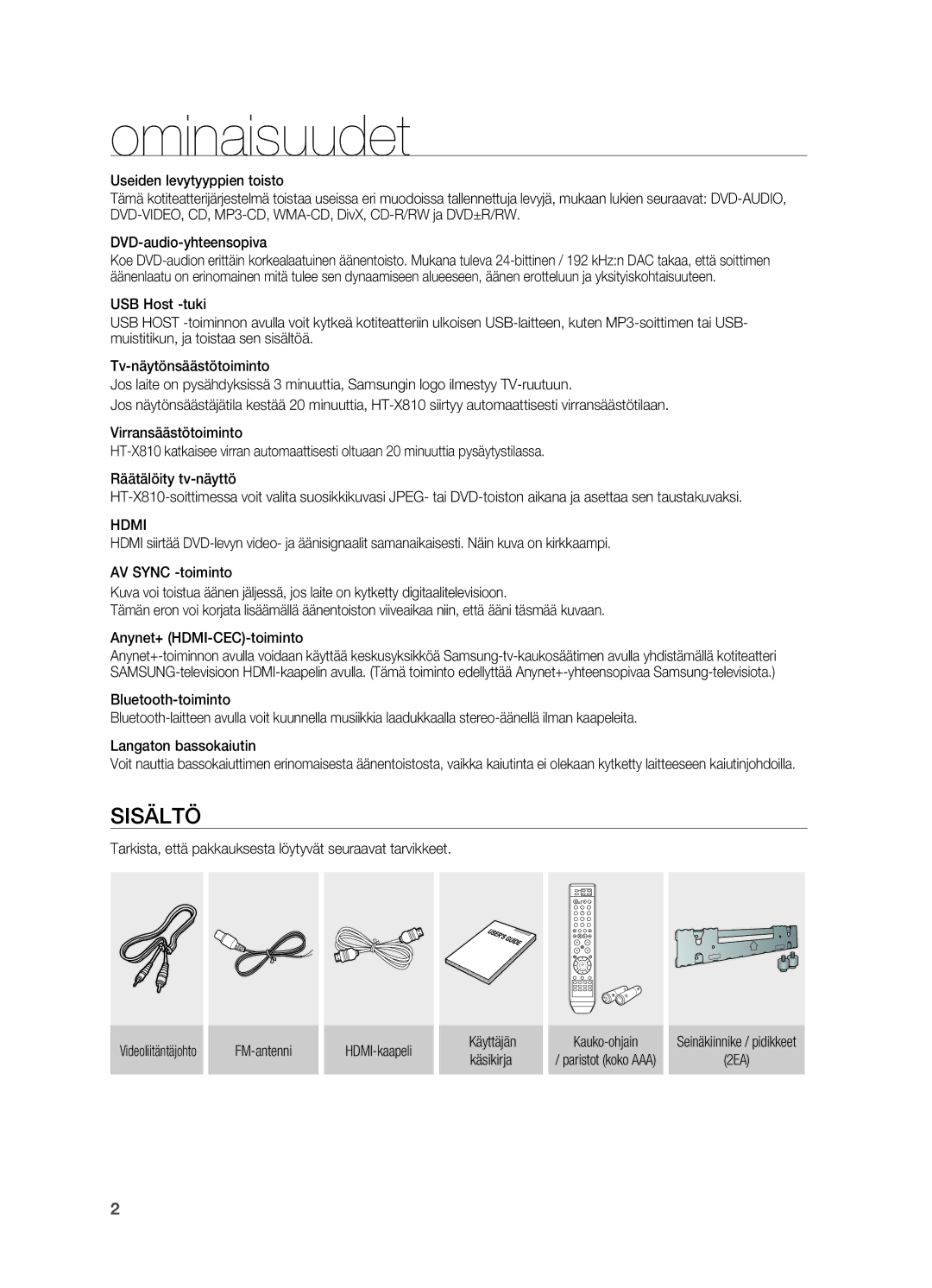 Samsung HT-X810R/XEE manual Ominaisuudet, Hdmi, Tarkista, että pakkauksesta löytyvät seuraavat tarvikkeet 