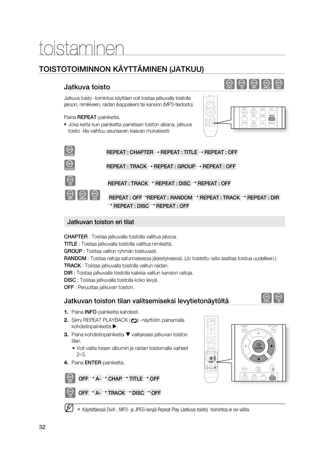 Samsung HT-X810R/XEE manual ToISToToIMINNoN Käyttäminen jATKUU, Jatkuva toisto, Paina REpEAT-painiketta 