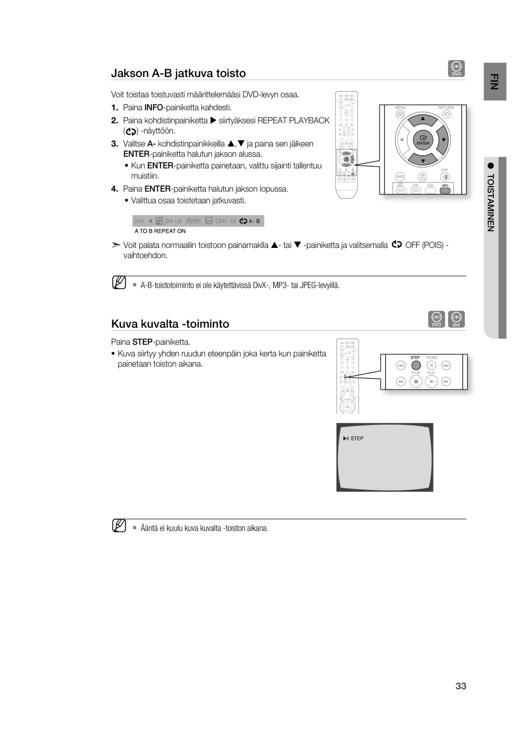 Samsung HT-X810R/XEE manual Jakson A-B jatkuva toisto, Kuva kuvalta -toiminto 