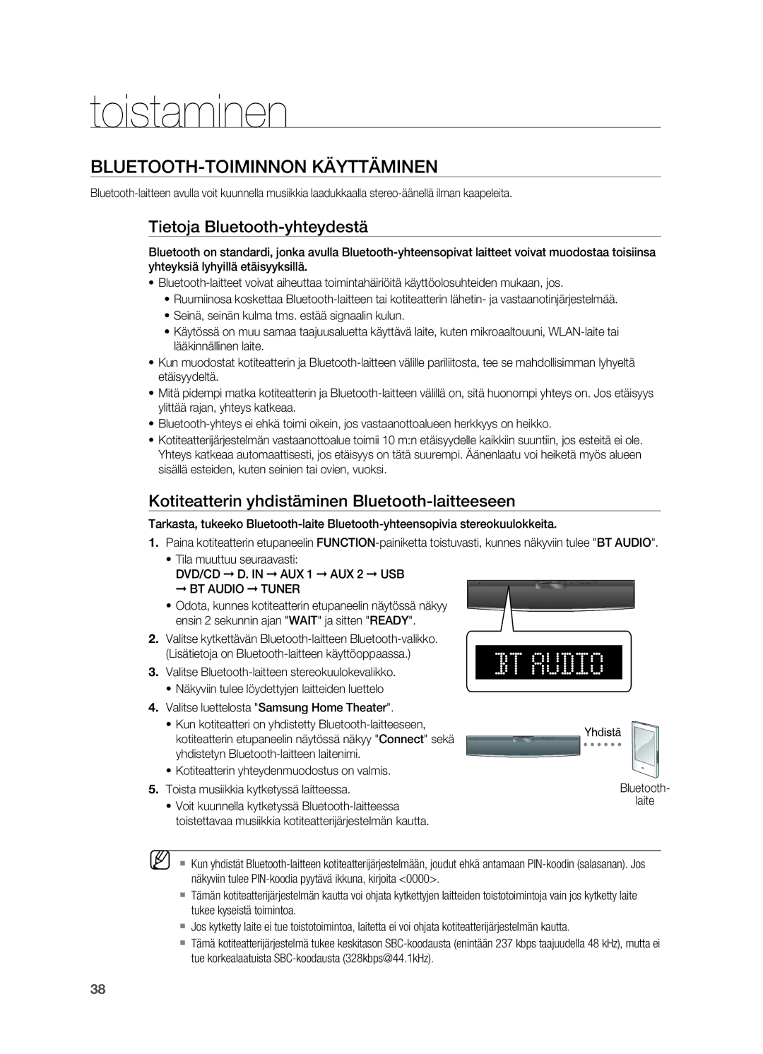 Samsung HT-X810R/XEE manual BLUETOOTH-toiminnon käyttäminen, Tietoja Bluetooth-yhteydestä 