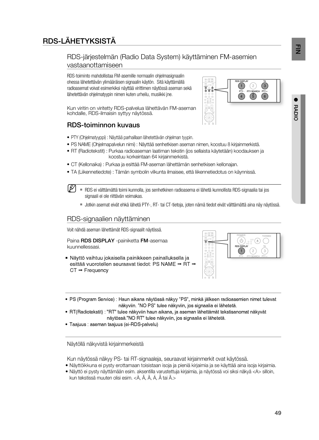 Samsung HT-X810R/XEE manual RDS-toiminnon kuvaus, RDS-signaalien näyttäminen, Taajuus aseman taajuus ei-RDS-palvelu, RADIo 