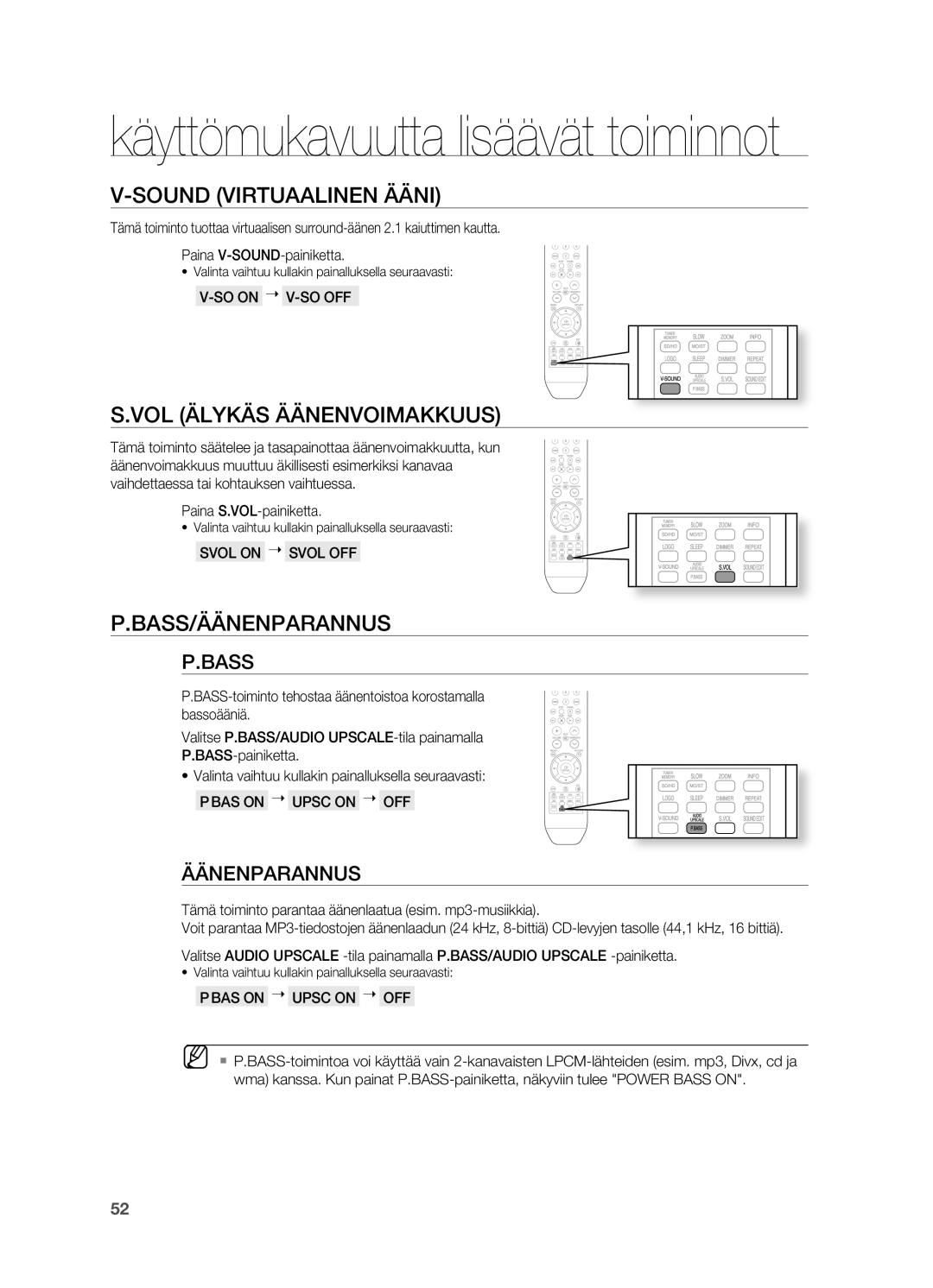 Samsung HT-X810R/XEE manual SoUND Virtuaalinen Ääni, VoL Älykäs ÄÄNENVoIMAKKUUS, BASS/ÄÄNENpARANNUS, Bass 