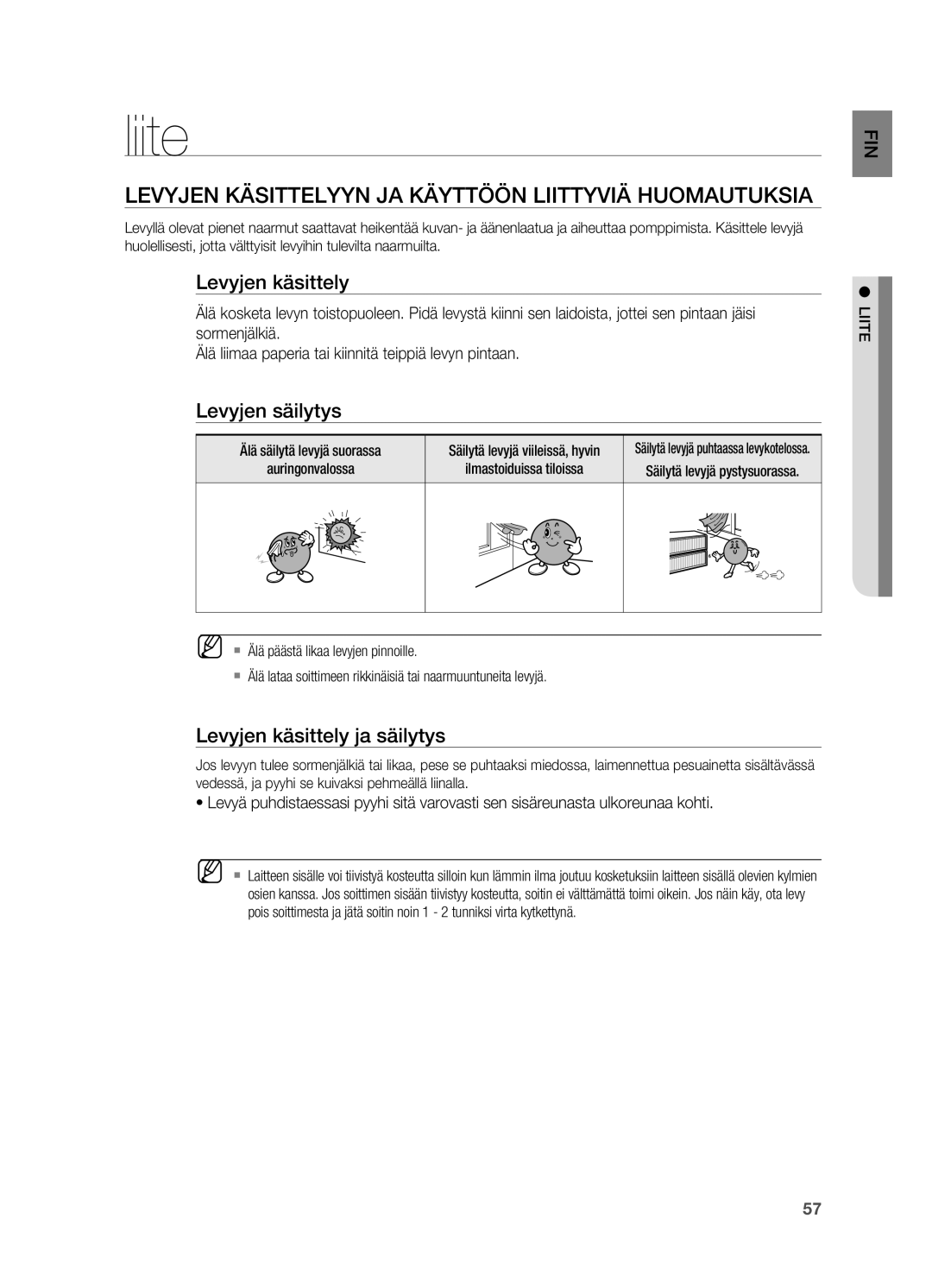 Samsung HT-X810R/XEE manual Liite, Levyjen käsittelyyn ja käyttöön liittyviä huomautuksia, Levyjen säilytys 