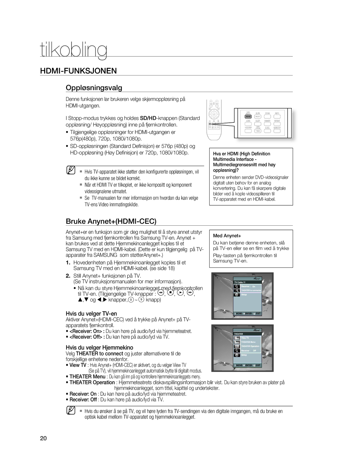 Samsung HT-X810R/XEE manual HDMI-fUNKSJONEN, Oppløsningsvalg, Bruke Anynet+HDMI-CEC 