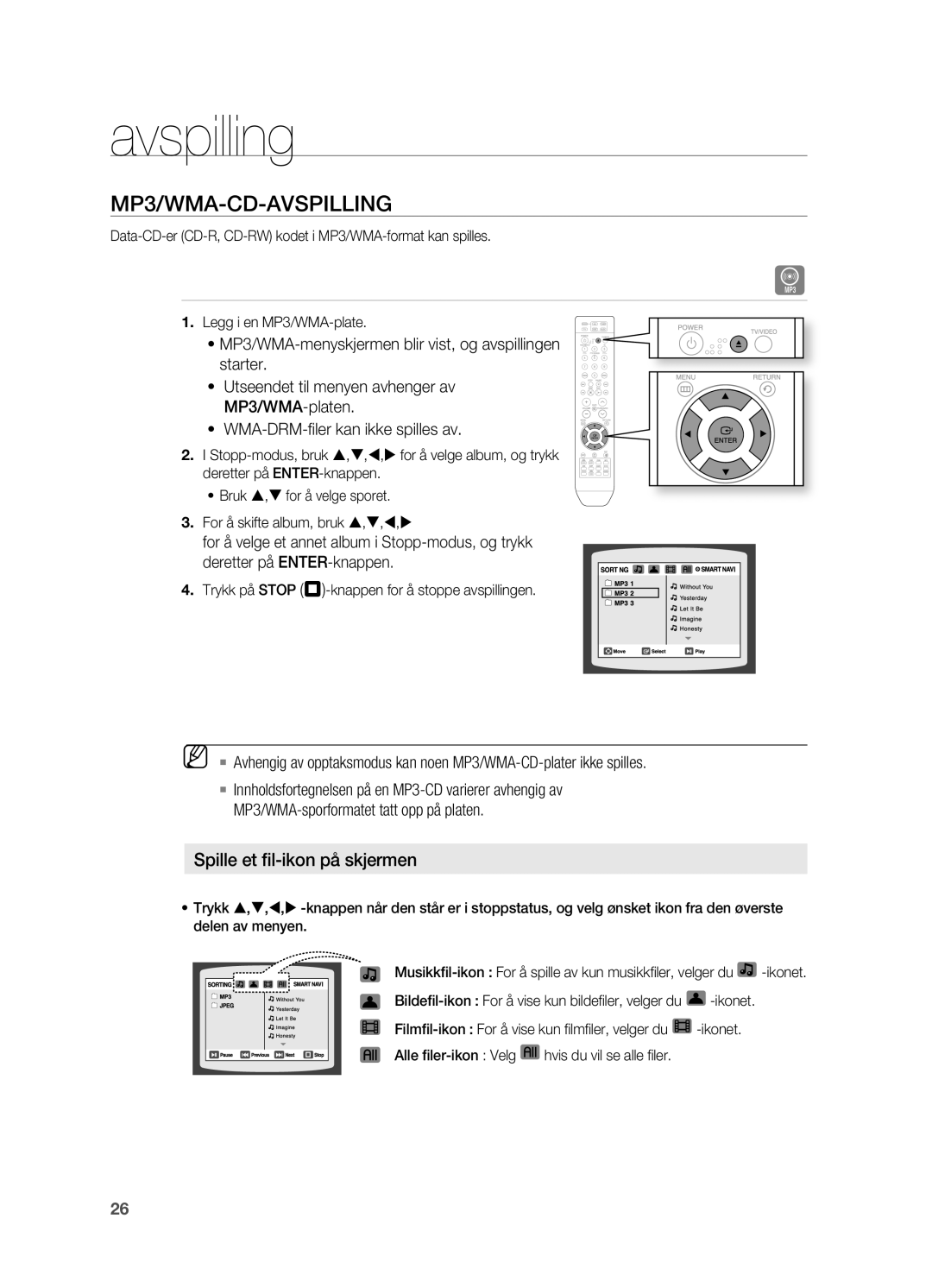 Samsung HT-X810R/XEE manual MP3/WMA-CD-AVSPILLINg, Trykk på Stop T-knappen for å stoppe avspillingen 