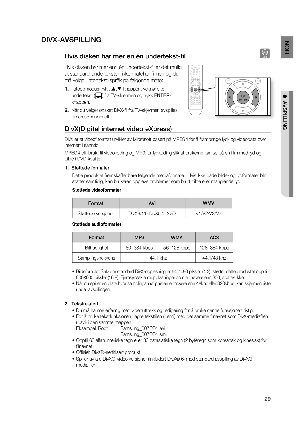 Samsung HT-X810R/XEE manual Hvis disken har mer en én undertekst-fil, DivXDigital internet video eXpress, Avi Wmv, MP3 WMA 