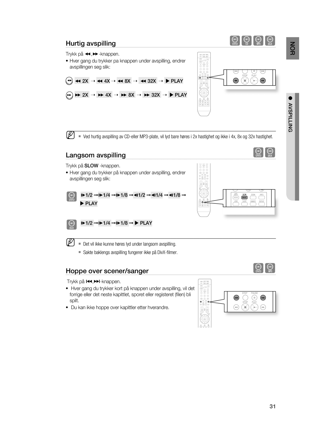 Samsung HT-X810R/XEE manual Langsom avspilling, Hoppe over scener/sanger,  Play 