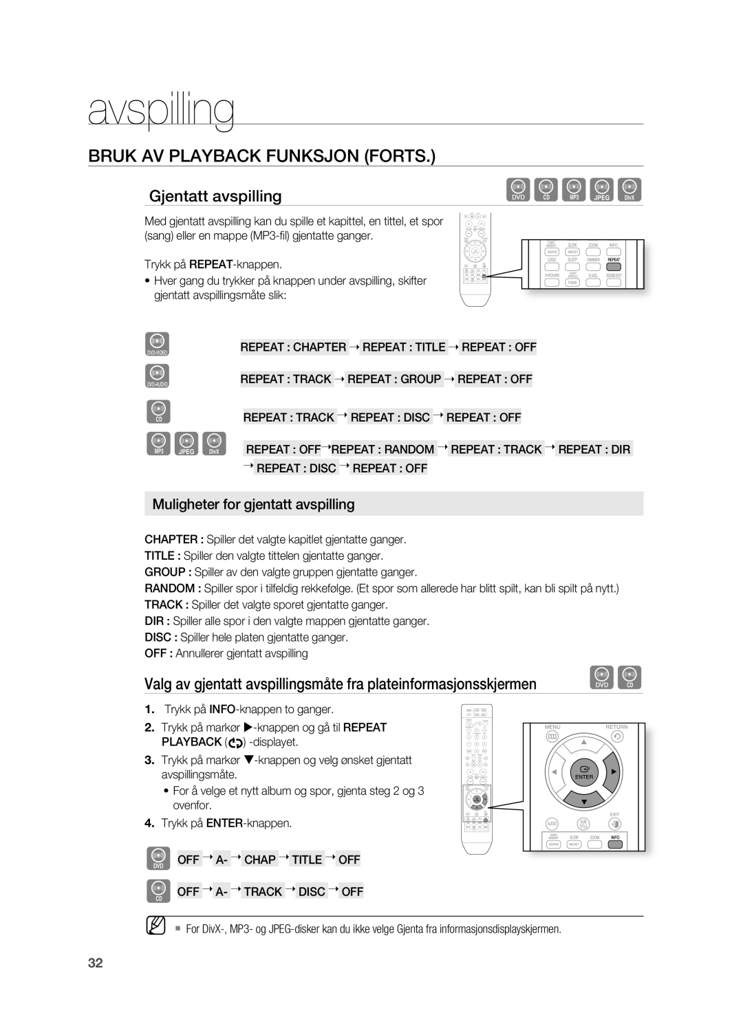 Samsung HT-X810R/XEE manual Bruk AV Playback fUNKSJON fORTS, Gjentatt avspilling 