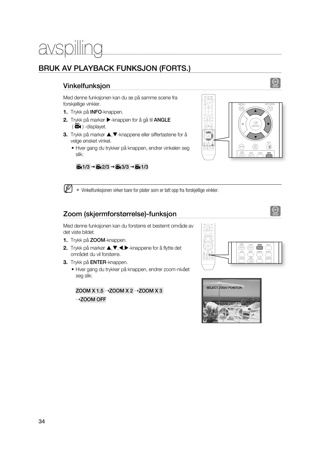 Samsung HT-X810R/XEE manual Vinkelfunksjon, Zoom skjermforstørrelse-funksjon 