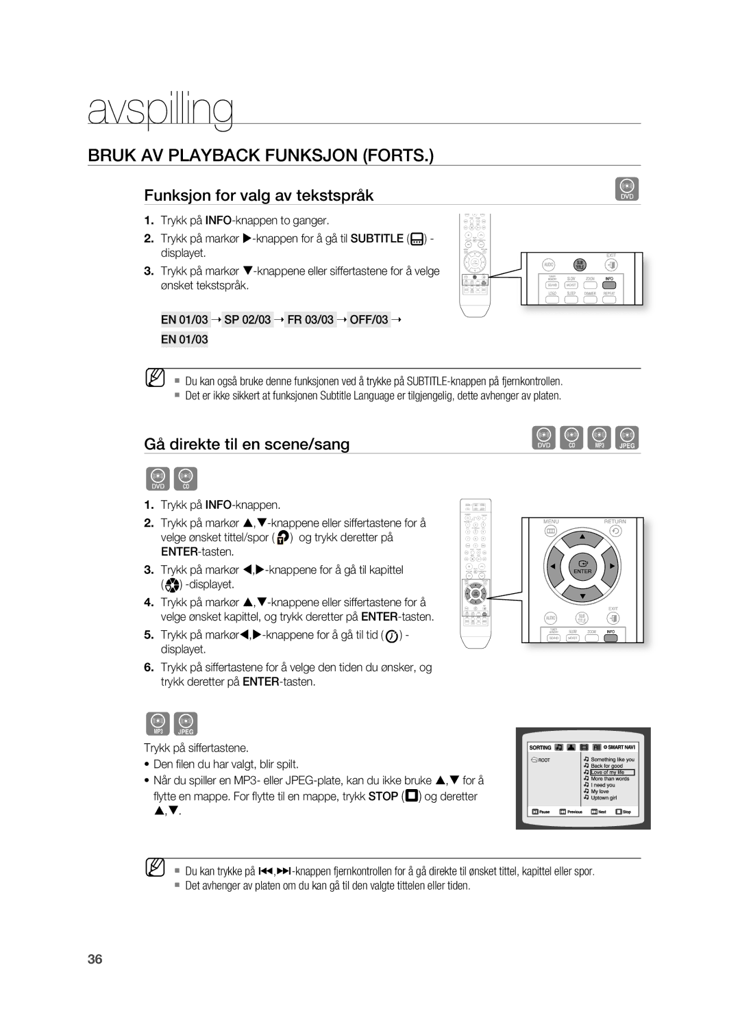 Samsung HT-X810R/XEE manual Funksjon for valg av tekstspråk, Gå direkte til en scene/sang 