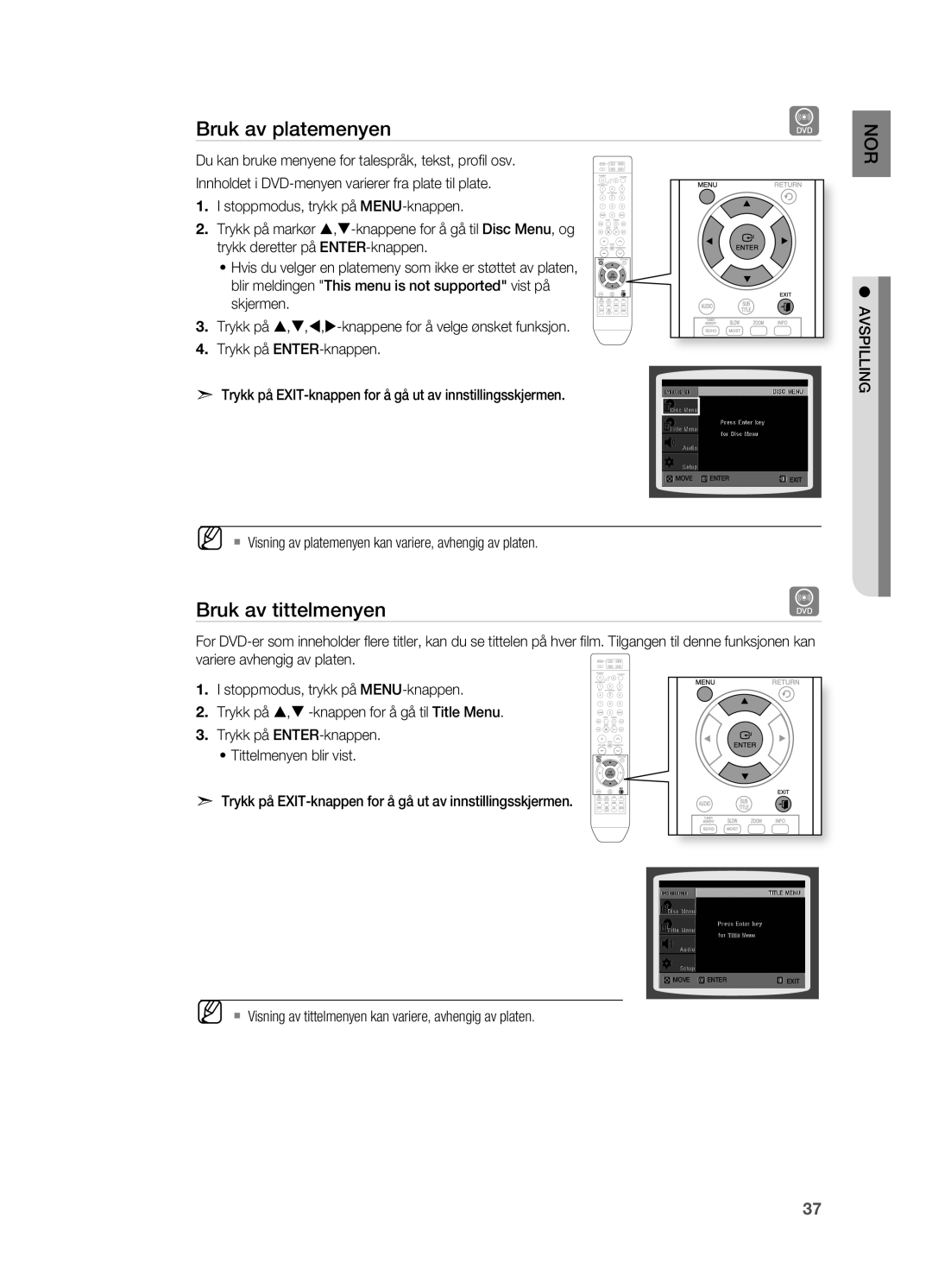 Samsung HT-X810R/XEE Bruk av platemenyen, Bruk av tittelmenyend, ` Visning av platemenyen kan variere, avhengig av platen 