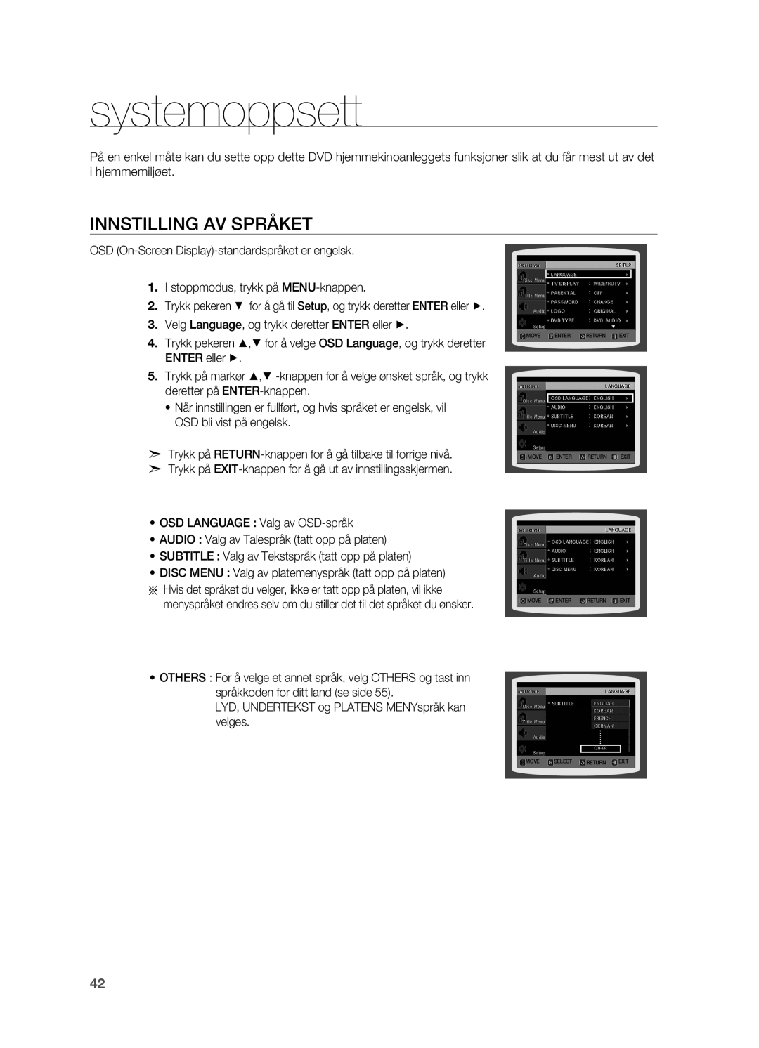 Samsung HT-X810R/XEE manual Systemoppsett, Innstilling av språket 