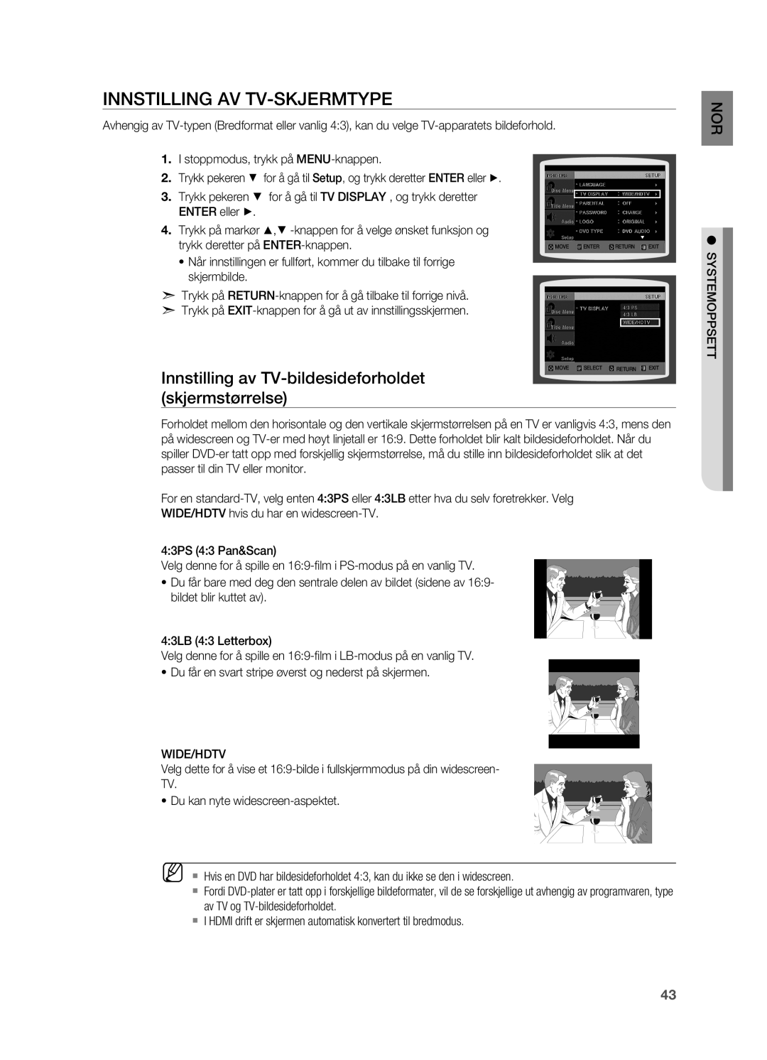 Samsung HT-X810R/XEE manual Innstilling av TV-skjermtype, Innstilling av TV-bildesideforholdet skjermstørrelse, Wide/Hdtv 