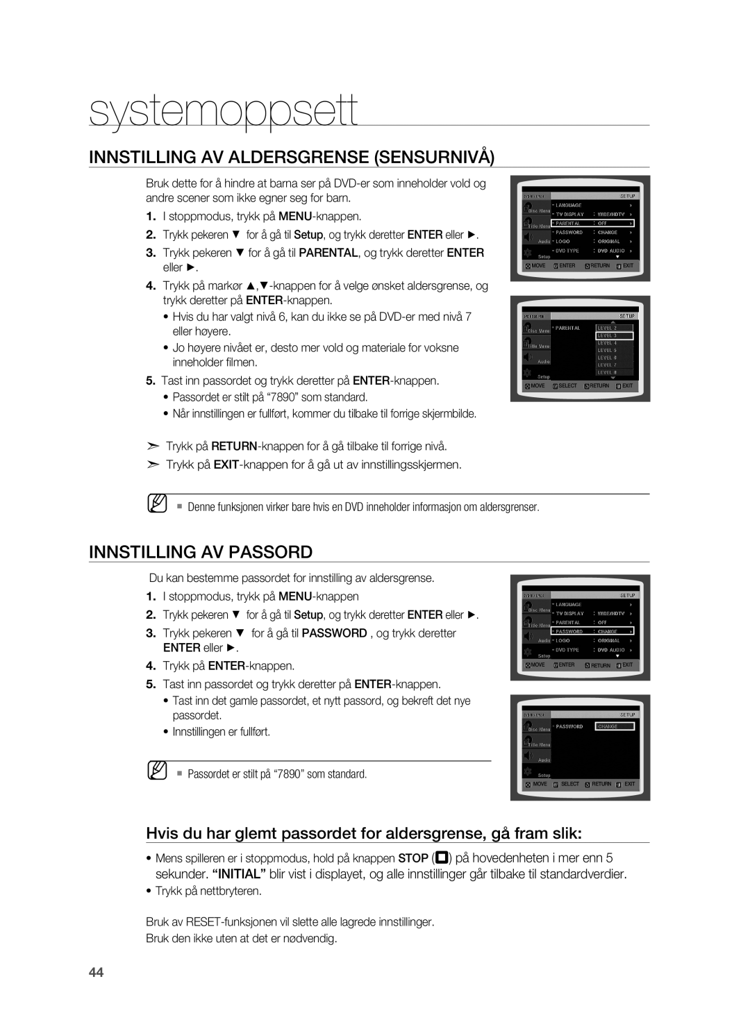 Samsung HT-X810R/XEE manual Innstilling av aldersgrense Sensurnivå, Innstilling av passord 