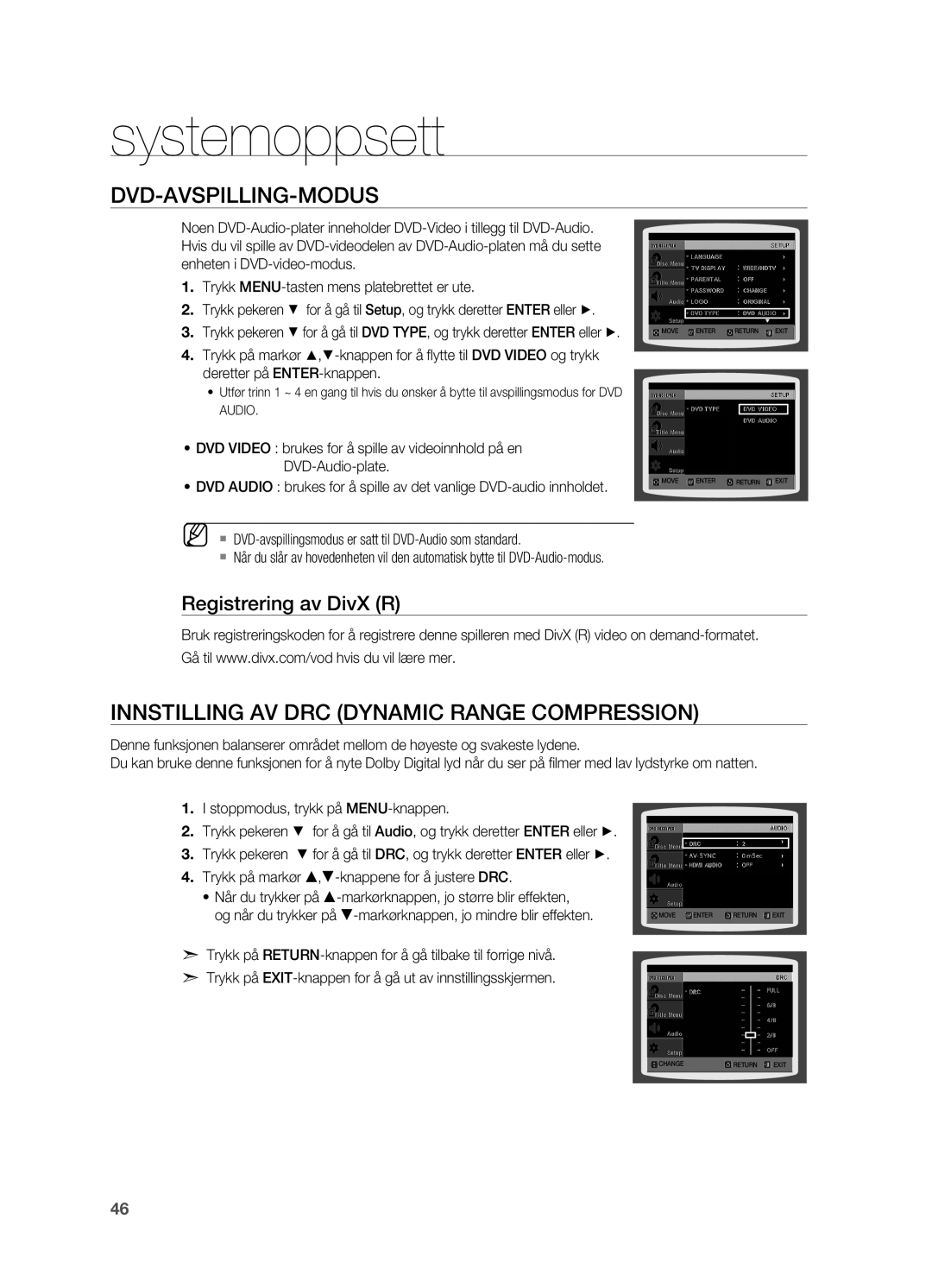 Samsung HT-X810R/XEE manual DVD-avspilling-modus, Innstilling av DRC Dynamic Range Compression, Registrering av DivX R 