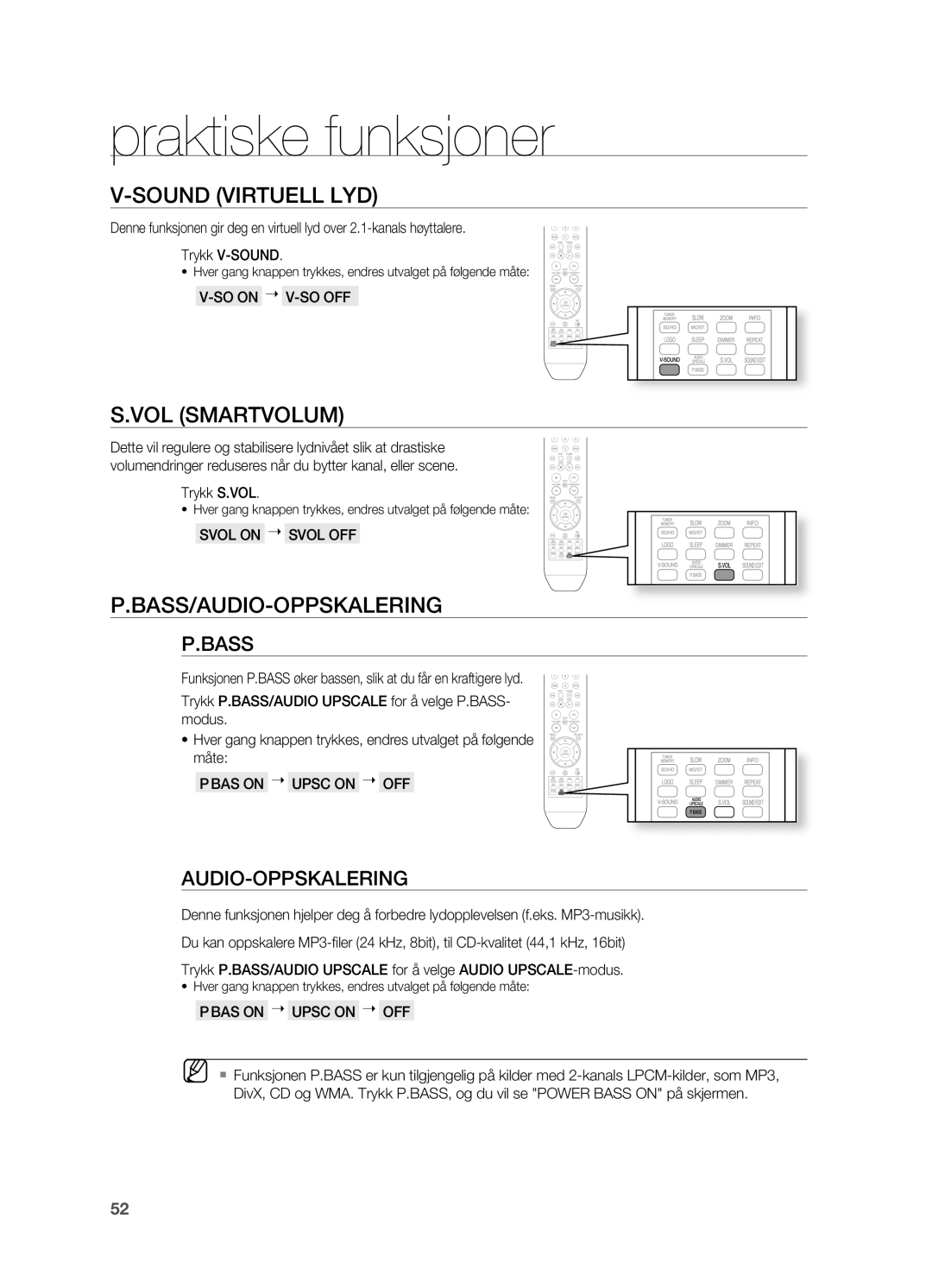 Samsung HT-X810R/XEE manual BASS/AUDIO-OPPSKALERINg, SO on  V-SO Off, Trykk S.VOL, Svol on  Svol Off 