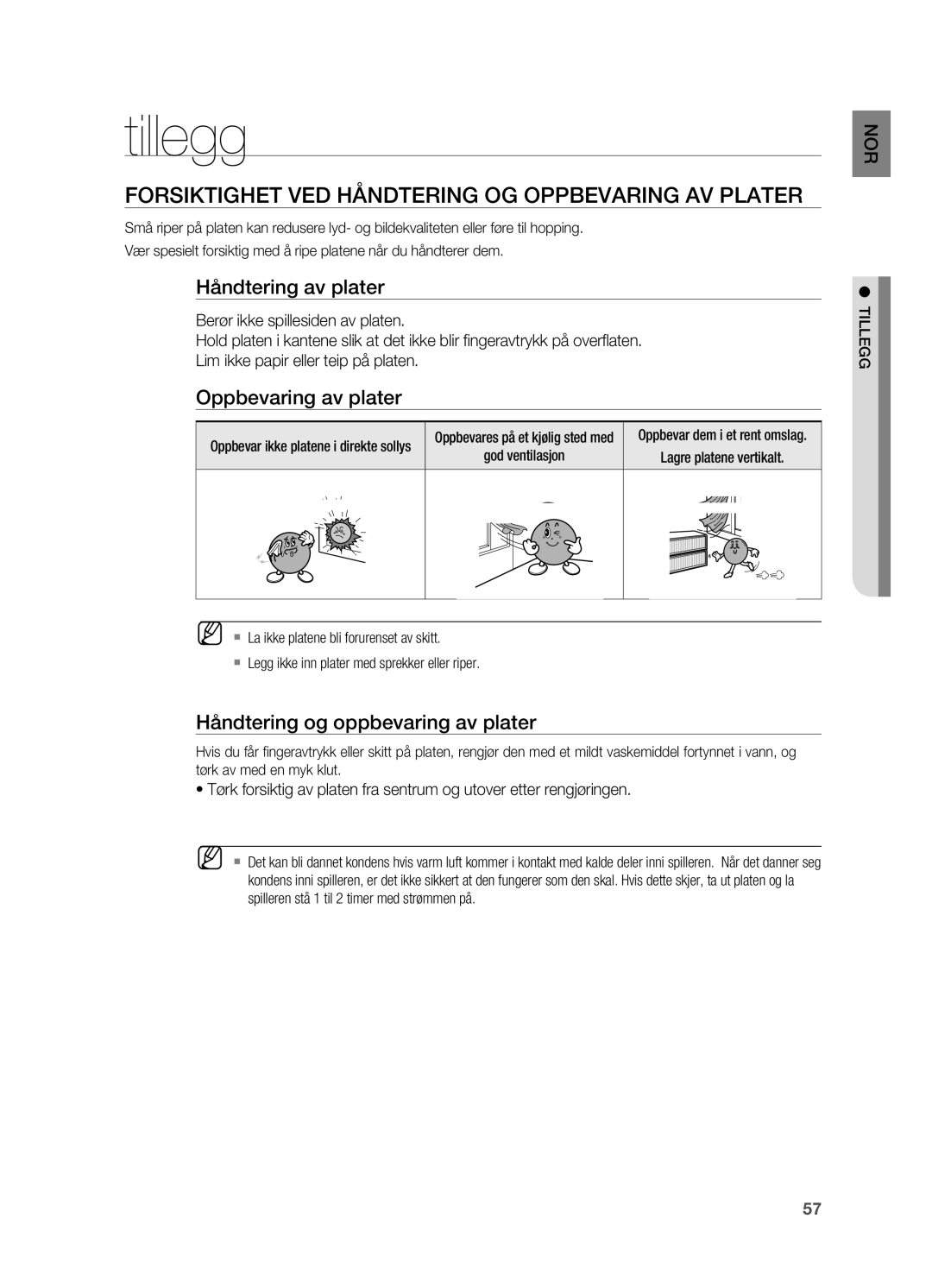 Samsung HT-X810R/XEE manual Tillegg, Forsiktighet ved håndtering og oppbevaring av plater, Håndtering av plater 