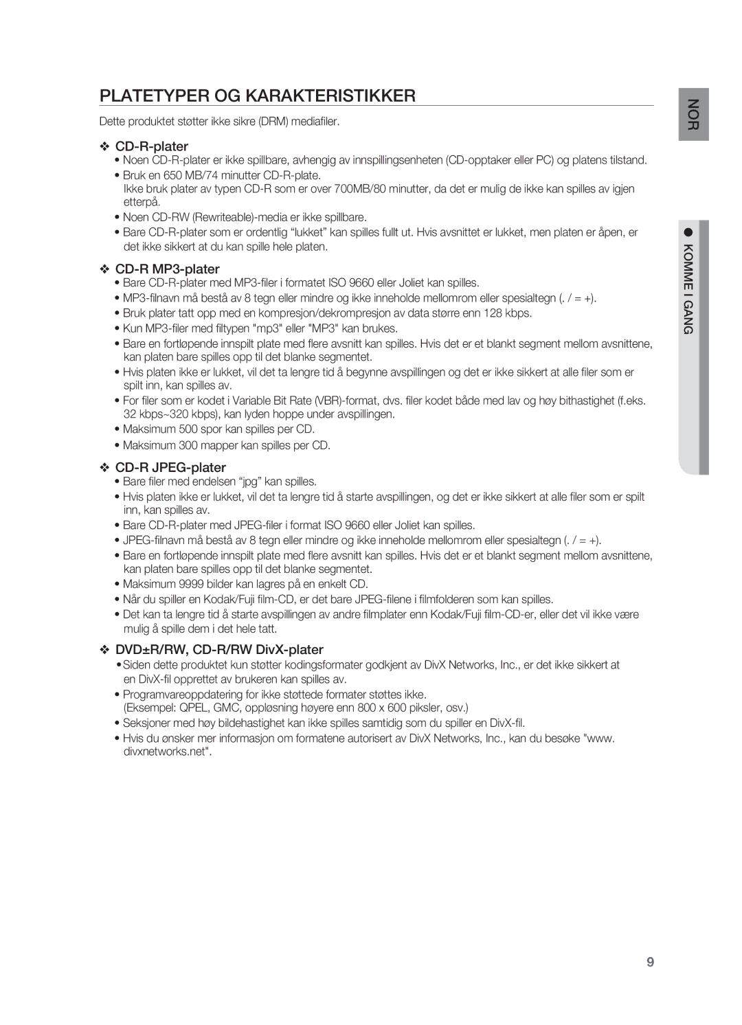 Samsung HT-X810R/XEE manual Platetyper og karakteristikker, Dette produktet støtter ikke sikre DRM mediafiler 