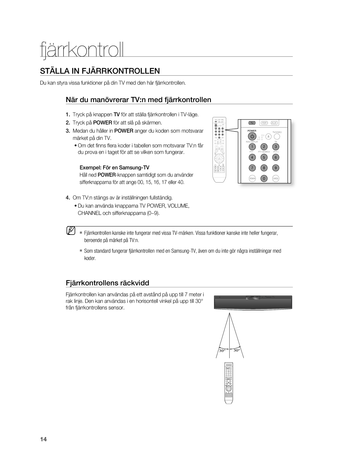 Samsung HT-X810R/XEE manual STäLLA in FjäRRKoNTRoLLEN, När du manövrerar TVn med fjärrkontrollen, Fjärrkontrollens räckvidd 