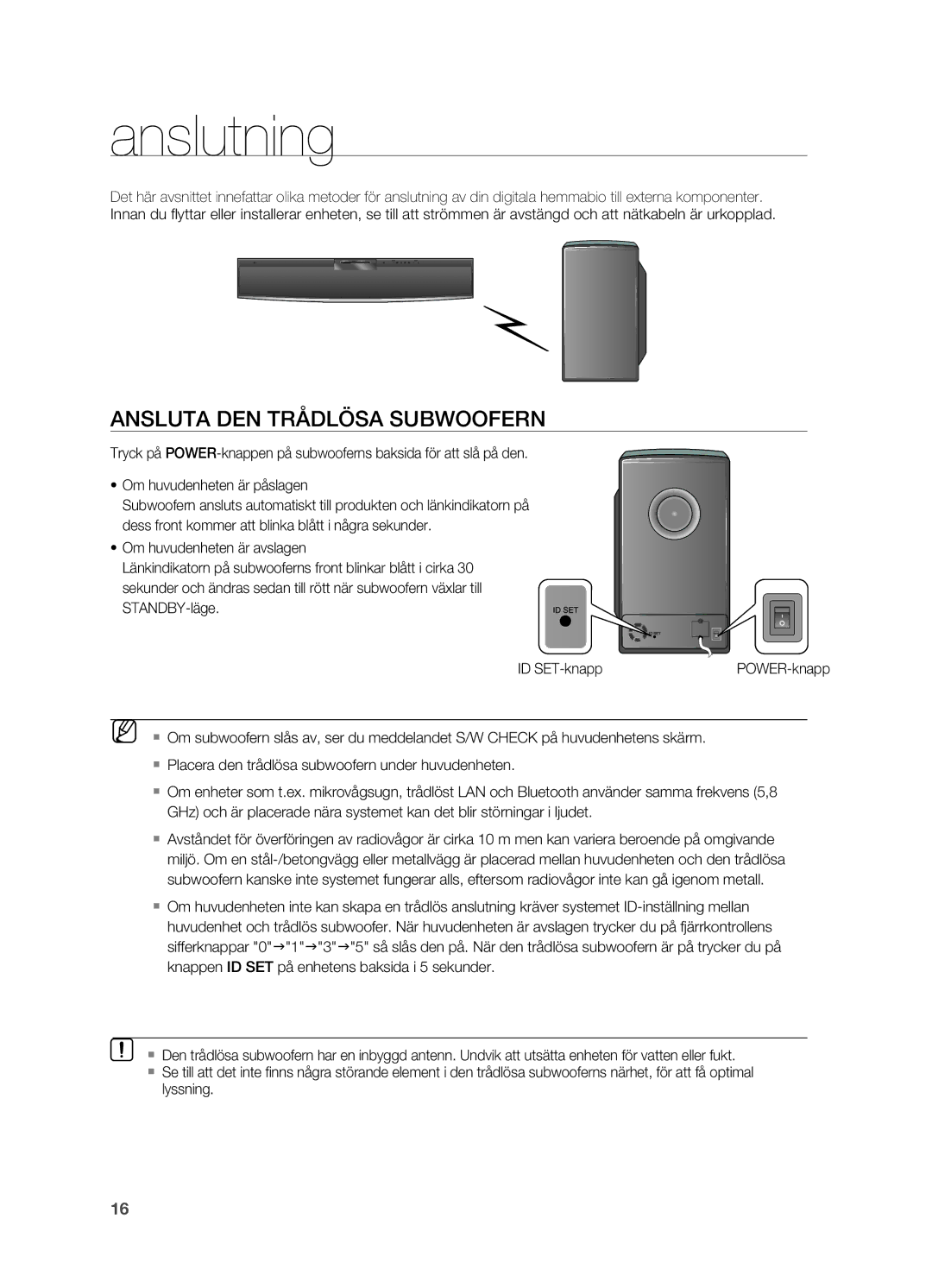 Samsung HT-X810R/XEE Anslutning, Ansluta DEN Trådlösa SUBWooFERN, ~ Om huvudenheten är avslagen, STANDBY-läge ID SET-knapp 