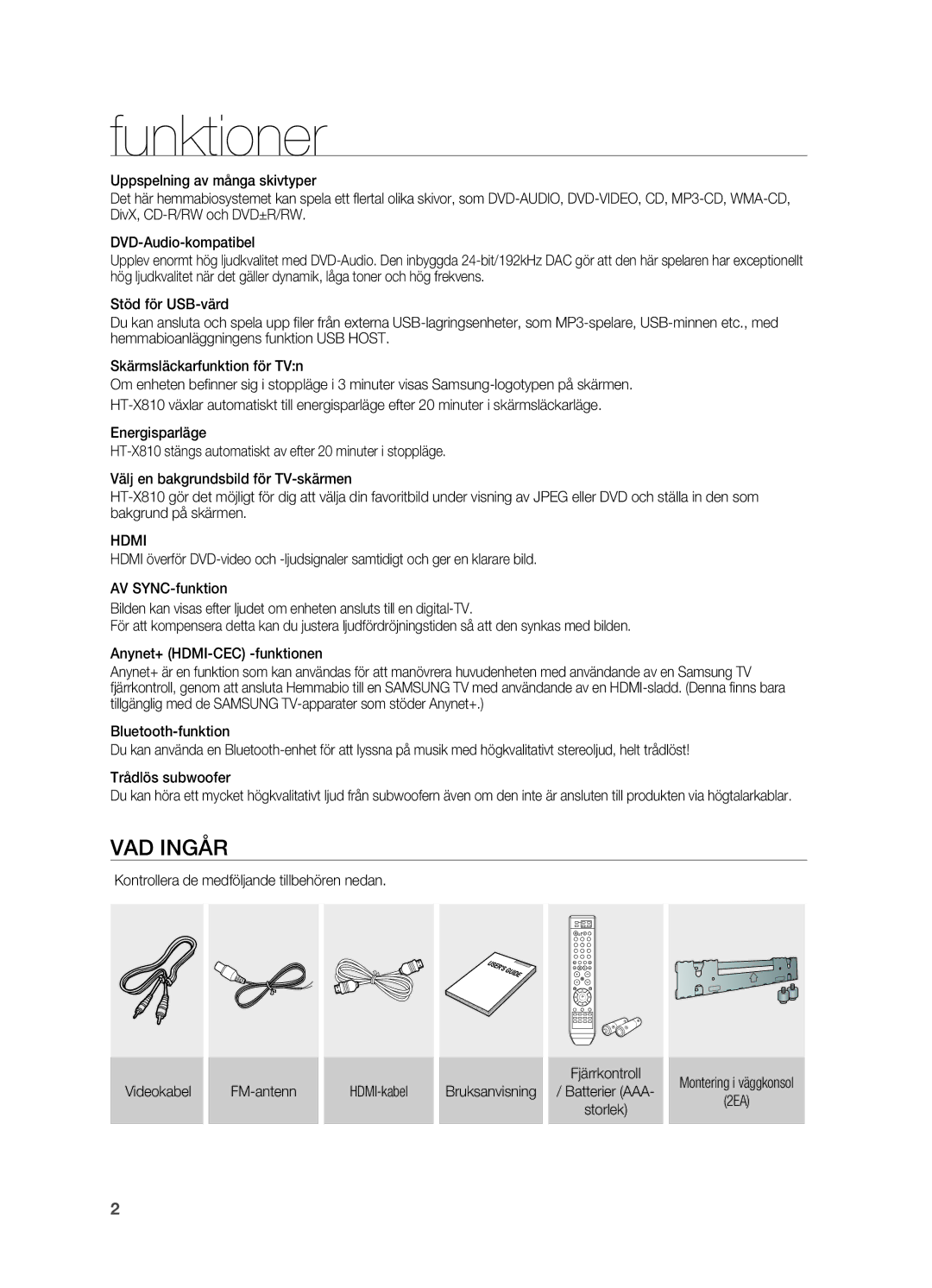 Samsung HT-X810R/XEE manual Funktioner, Hdmi, Montering i väggkonsol 2EA 