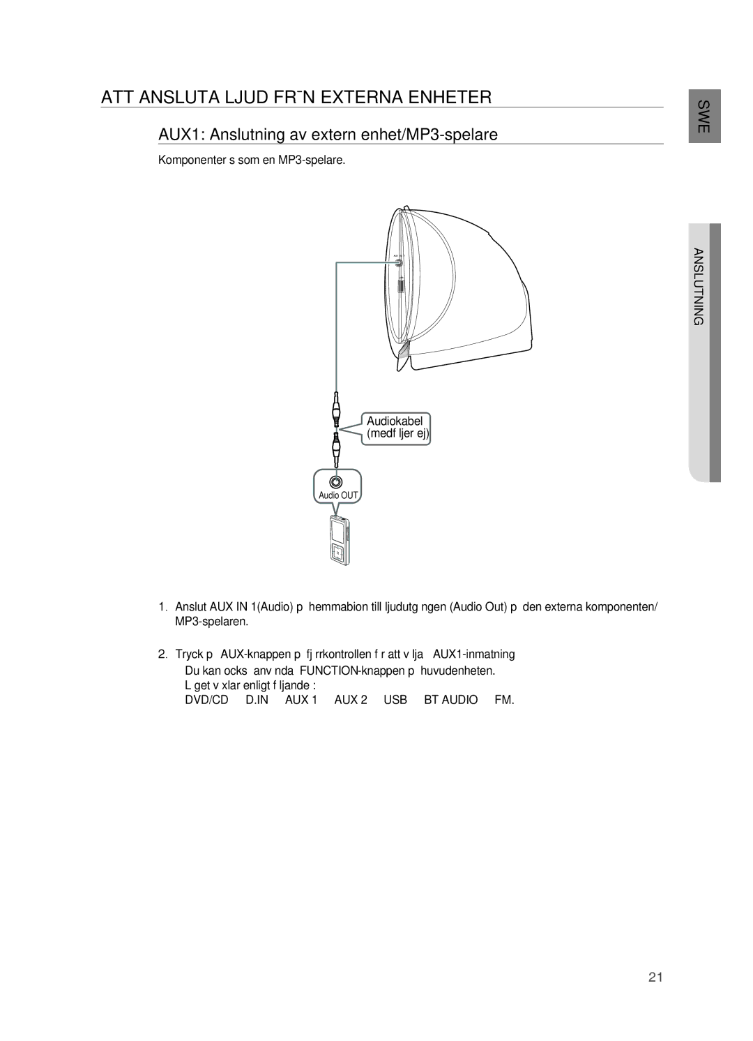 Samsung HT-X810R/XEE manual ATT Ansluta LjUD Från Externa Enheter, AUX1 Anslutning av extern enhet/MP3-spelare 