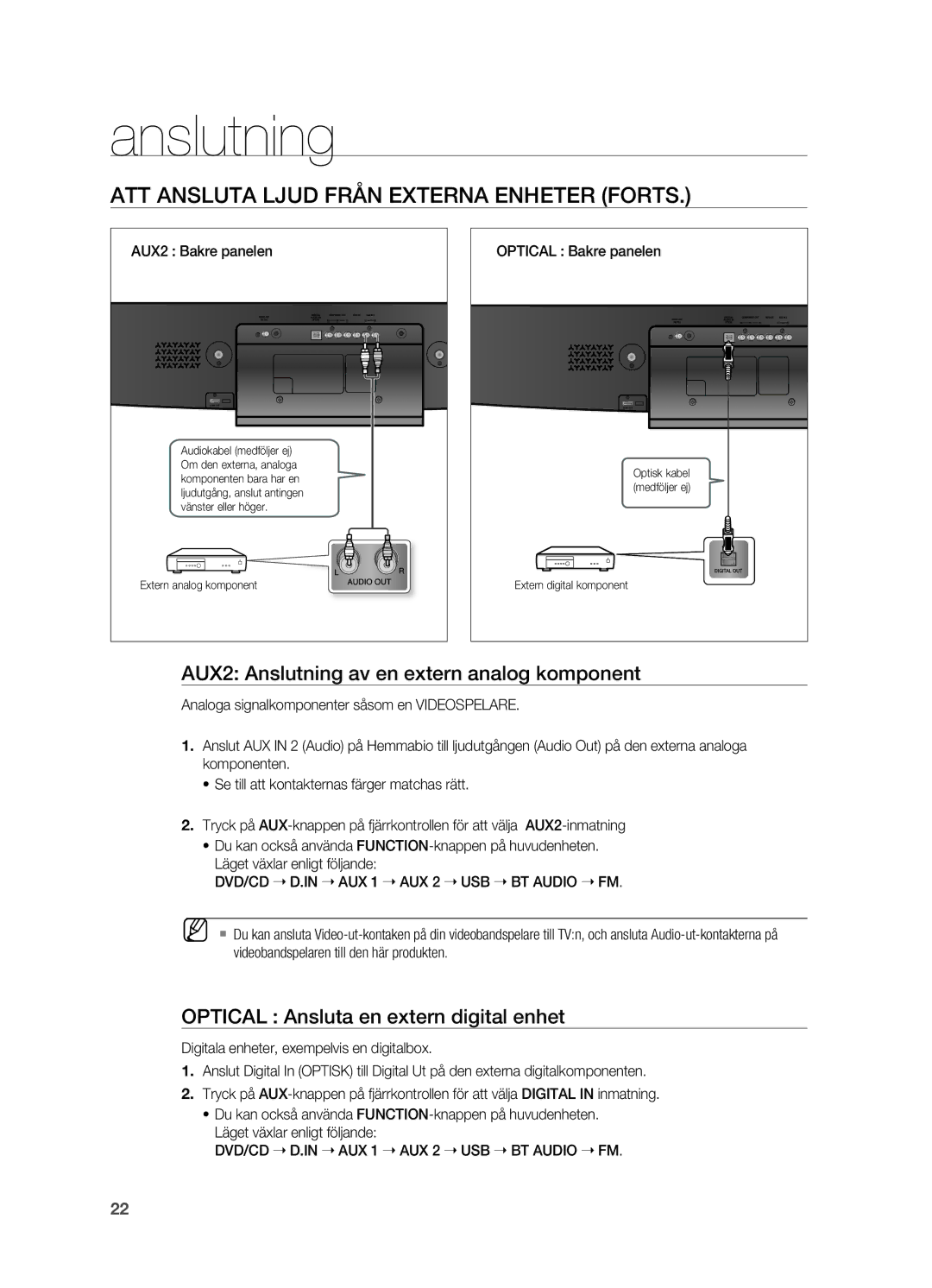 Samsung HT-X810R/XEE manual ATT Ansluta LjUD Från Externa Enheter FoRTS, AUX2 Anslutning av en extern analog komponent 