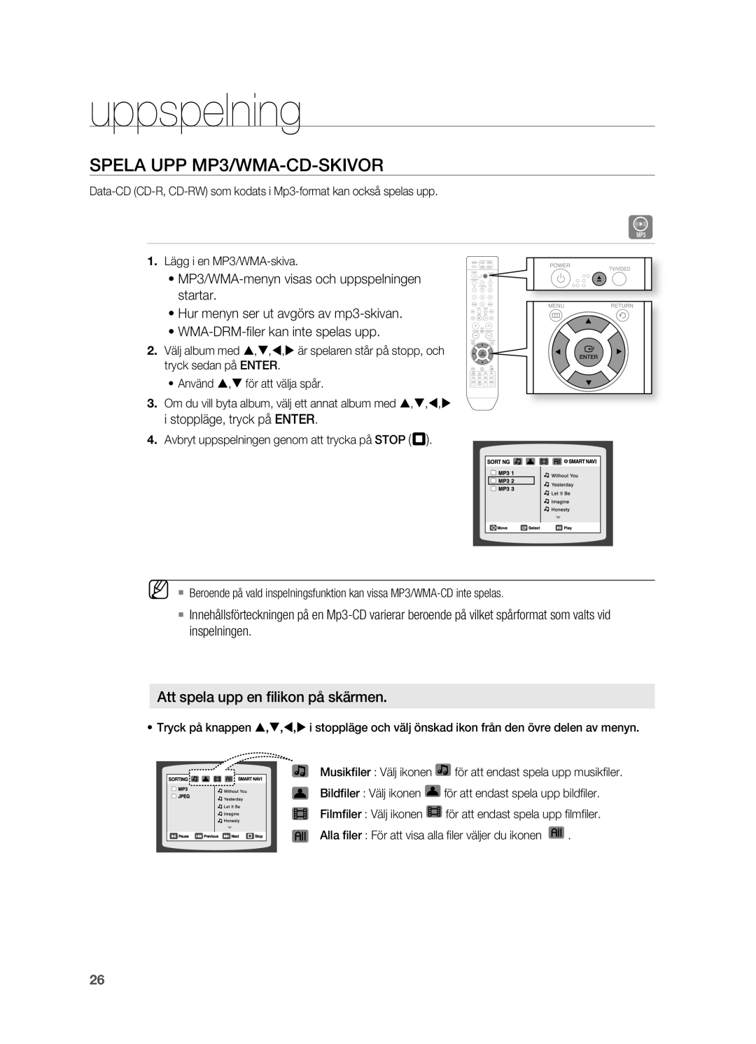 Samsung HT-X810R/XEE manual Spela UPP MP3/WMA-CD-SKIVoR, ~ MP3/WMA-menyn visas och uppspelningen startar 