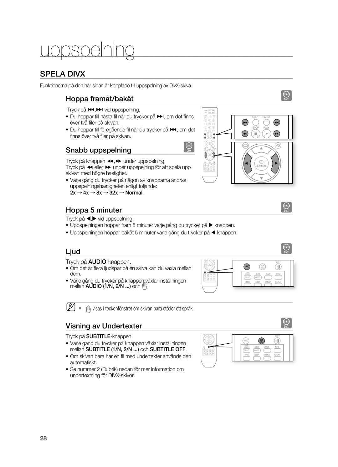 Samsung HT-X810R/XEE manual Hoppa framåt/bakåt, Snabb uppspelning, Hoppa 5 minuter, Ljud, Visning av Undertexter 