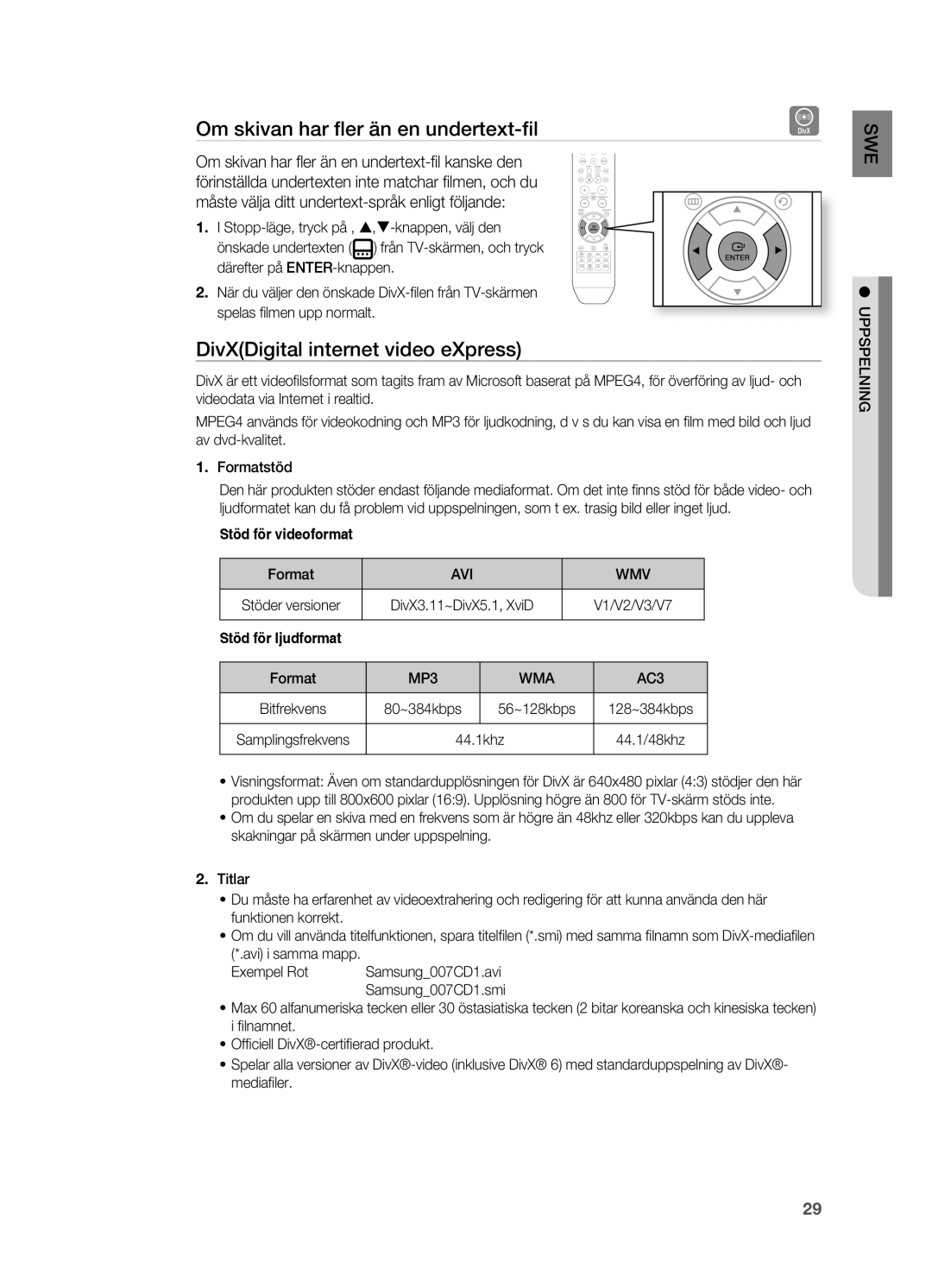 Samsung HT-X810R/XEE manual Om skivan har ﬂ er än en undertext-fi l, DivXDigital internet video eXpress, Avi Wmv, MP3 WMA 