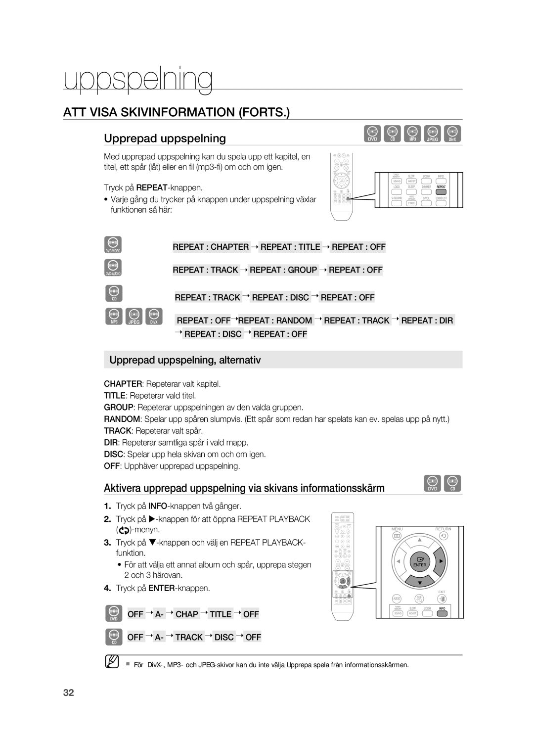 Samsung HT-X810R/XEE manual ATT Visa SKIVINFoRMATIoN FoRTS, Upprepad uppspelning 