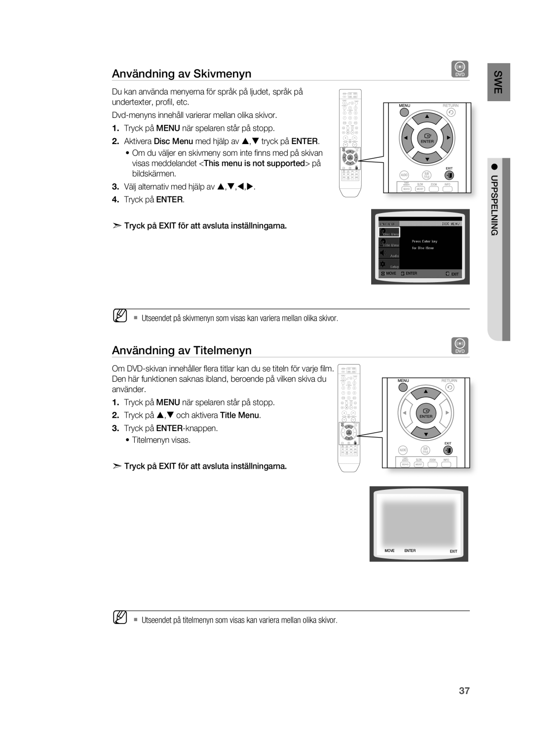 Samsung HT-X810R/XEE manual Användning av Skivmenyn, Användning av Titelmenyn 