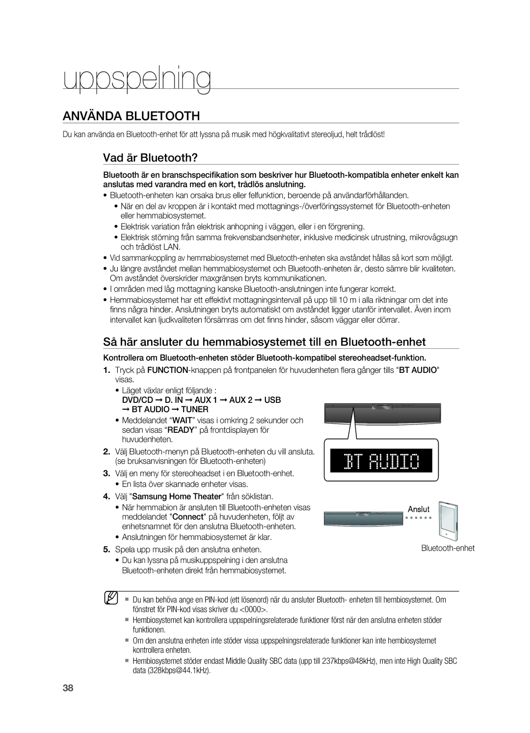 Samsung HT-X810R/XEE Använda Bluetooth, Vad är Bluetooth?, Så här ansluter du hemmabiosystemet till en Bluetooth-enhet 