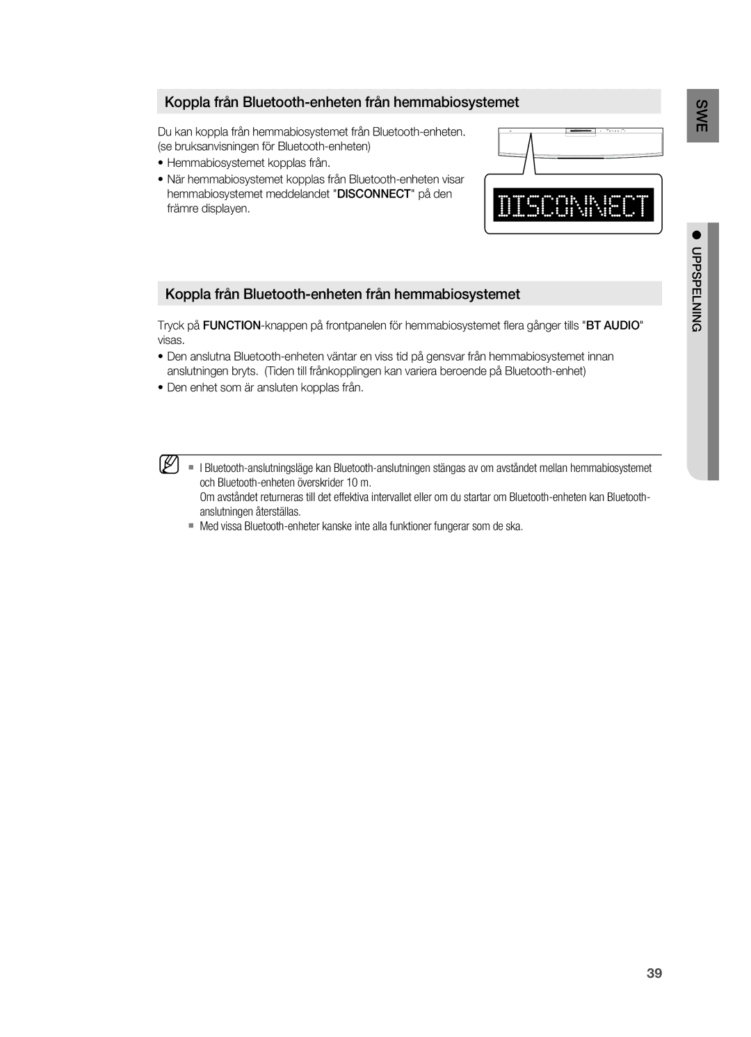 Samsung HT-X810R/XEE manual Koppla från Bluetooth-enheten från hemmabiosystemet, Uppspelning 