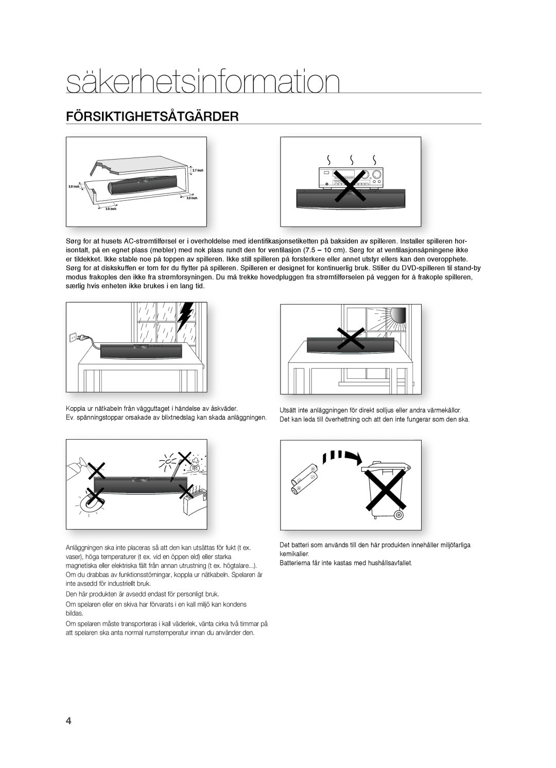 Samsung HT-X810R/XEE manual FÖRSIKTIGHETSÅTGäRDER 