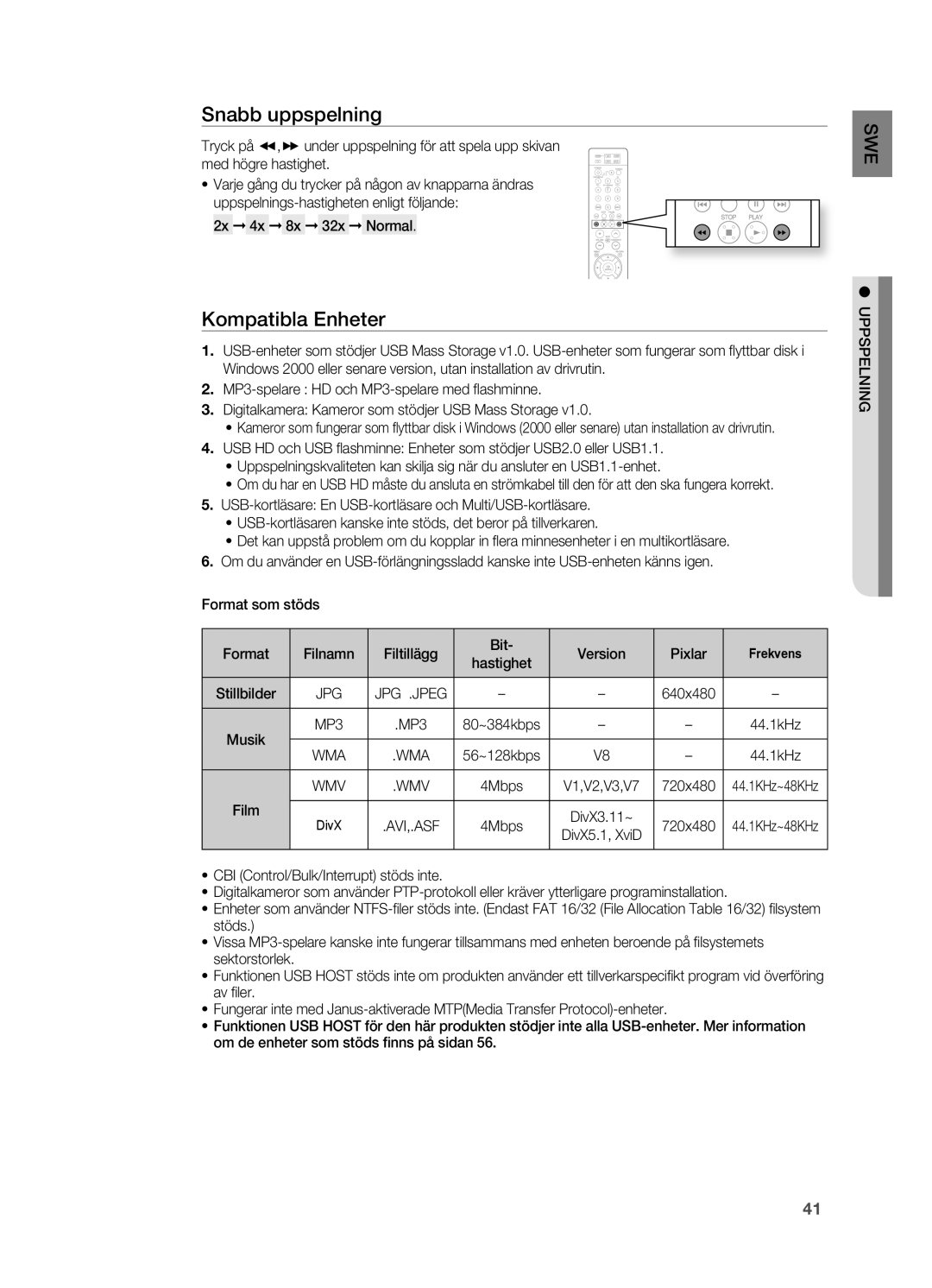 Samsung HT-X810R/XEE manual Kompatibla Enheter, 2x 4x 8x 32x Normal 