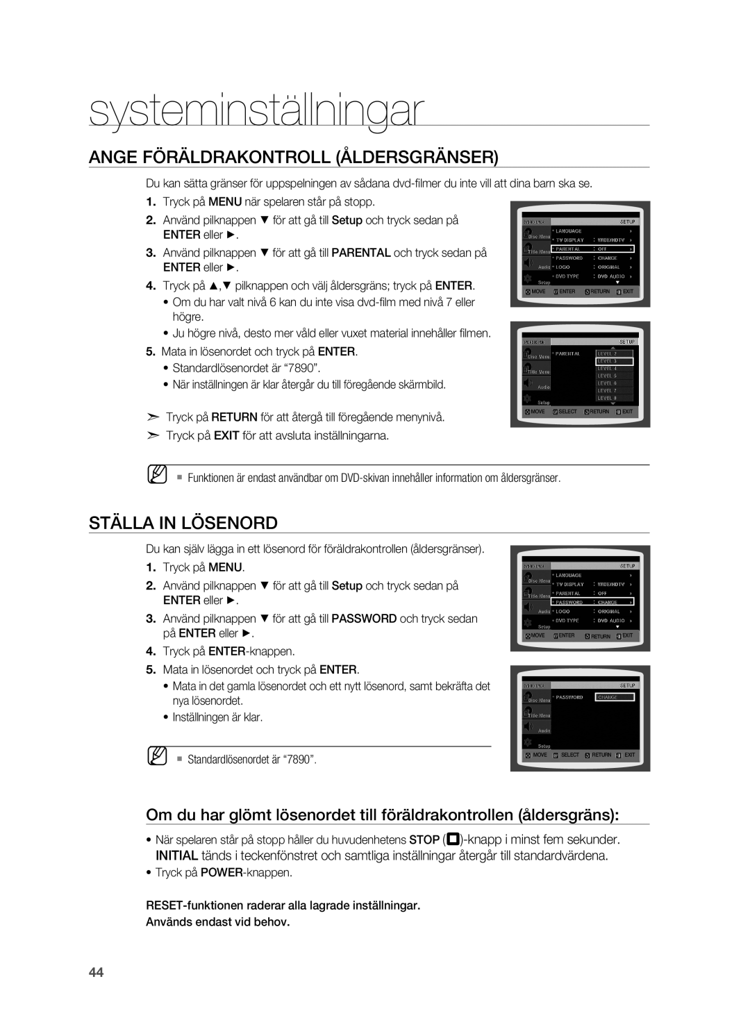 Samsung HT-X810R/XEE manual Ange föräldrakontroll åldersgränser, Ställa in lösenord 