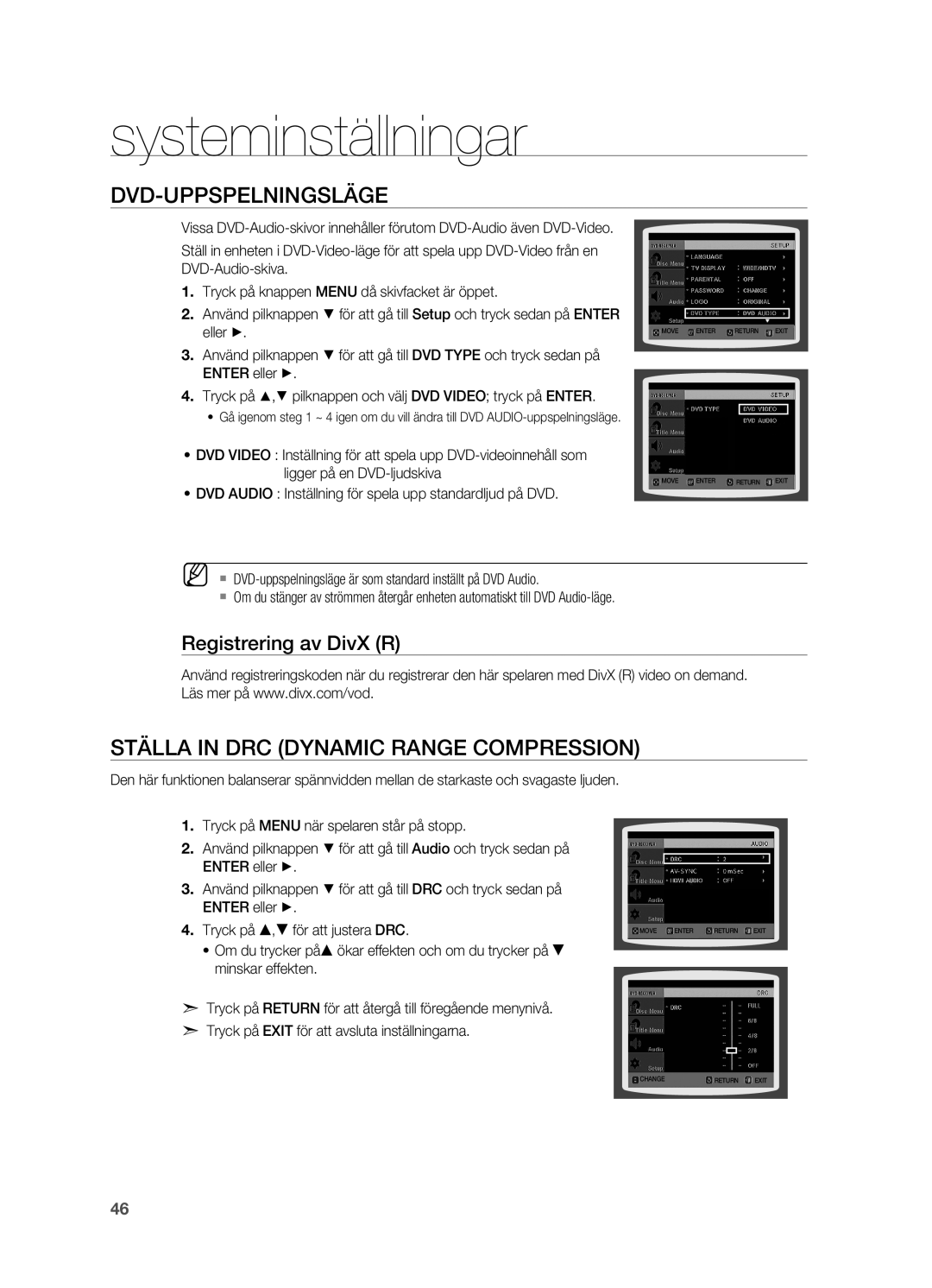 Samsung HT-X810R/XEE manual DVD-uppspelningsläge, Ställa in DRC Dynamic Range Compression, Registrering av DivX R 