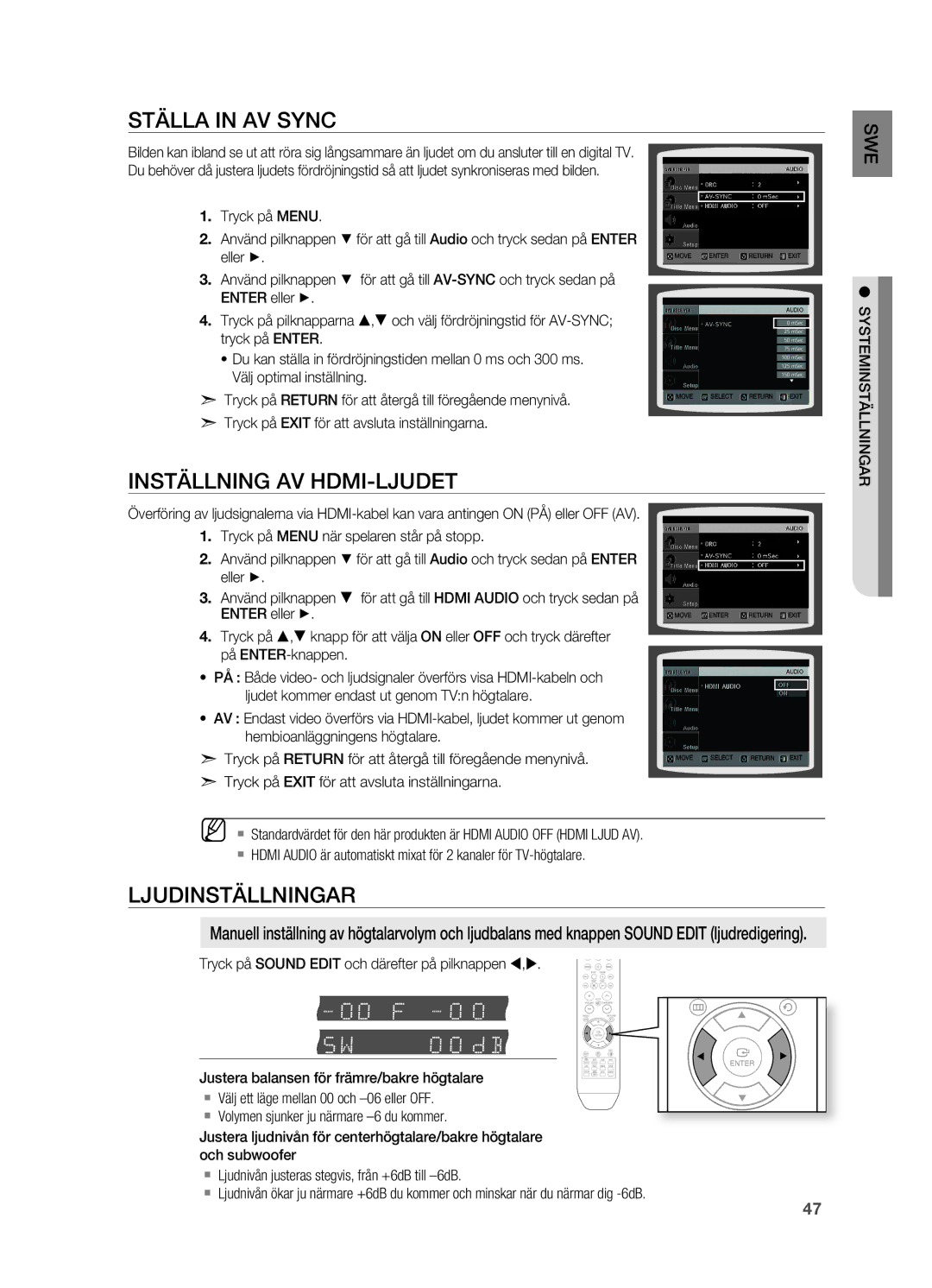 Samsung HT-X810R/XEE manual STäLLA in AV Sync, INSTäLLNING AV HDMI-LjUDET, LjUDINSTäLLNINGAR, Eller +, Enter eller + 