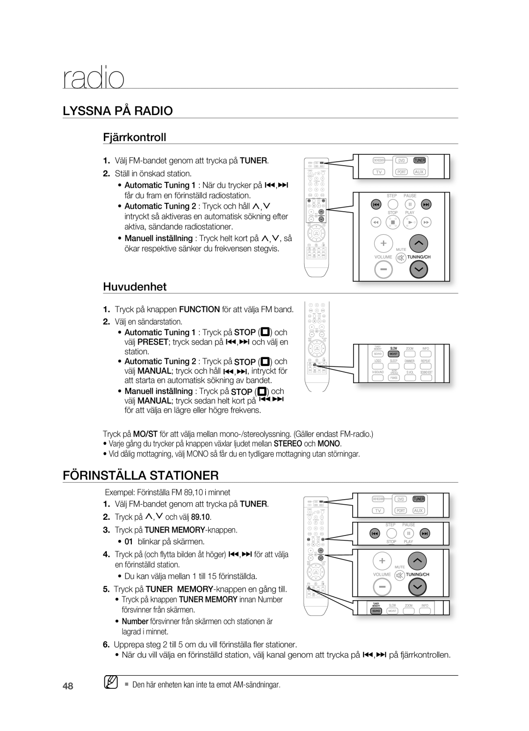 Samsung HT-X810R/XEE manual Radio, Lyssna PÅ RADIo, FÖRINSTäLLA STATIoNER, Fjärrkontroll, Huvudenhet 