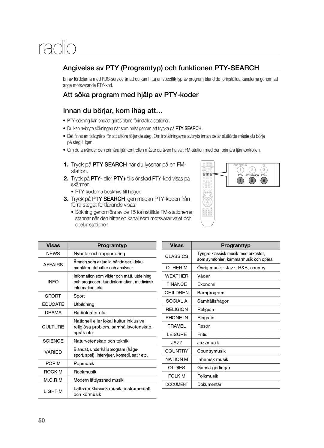 Samsung HT-X810R/XEE manual Angivelse av PTY Programtyp och funktionen PTY-SEARCH, ~ PTY-koderna beskrivs till höger 