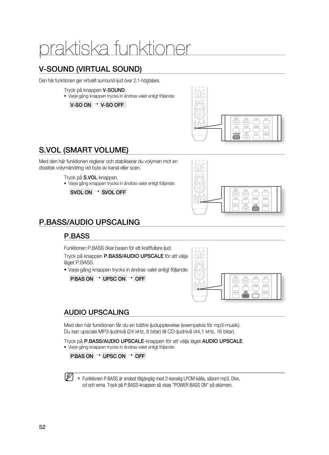 Samsung HT-X810R/XEE manual SoUND Virtual SoUND, VoL Smart VoLUME, BASS/AUDIo Upscaling 