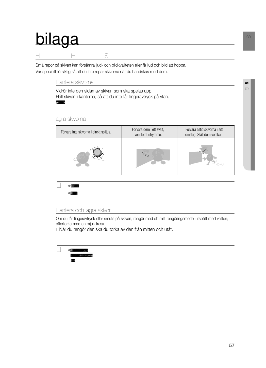 Samsung HT-X810R/XEE manual Bilaga, Hantera och lagra skivor, Hantera skivorna, Lagra skivorna 