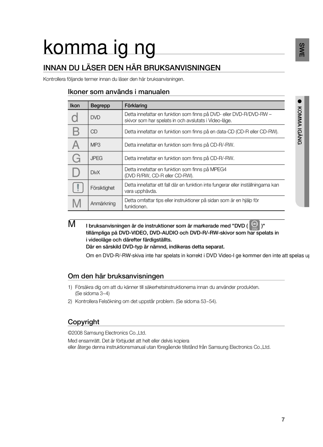 Samsung HT-X810R/XEE Komma igång, Innan du läser den här Bruksanvisningen, Ikoner som används i manualen, Copyright 