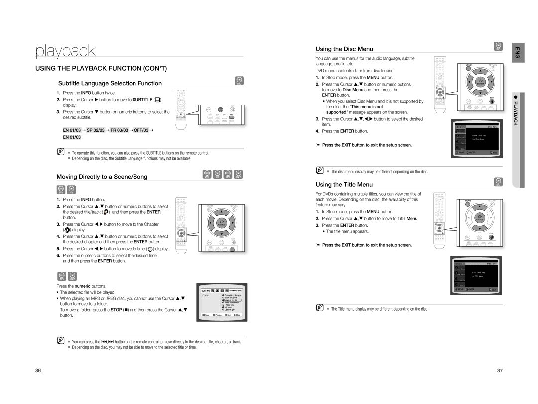 Samsung HT-X810R/XET manual Subtitle Language Selection Function, Moving Directly to a Scene/Song, Using the Disc Menu 