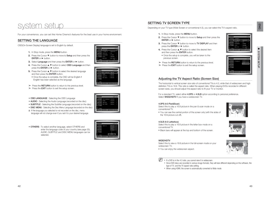 Samsung HT-X810T/ADL System setup, Setting the Language, Setting TV Screen Type, Adjusting the TV Aspect Ratio Screen Size 